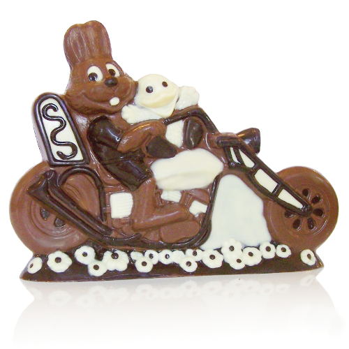 Schokoladenfigur Hase  mit Motorrad